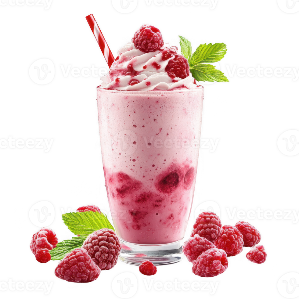 Refreshing raspberry milkshake topped with whipped cream and mint leaves. png