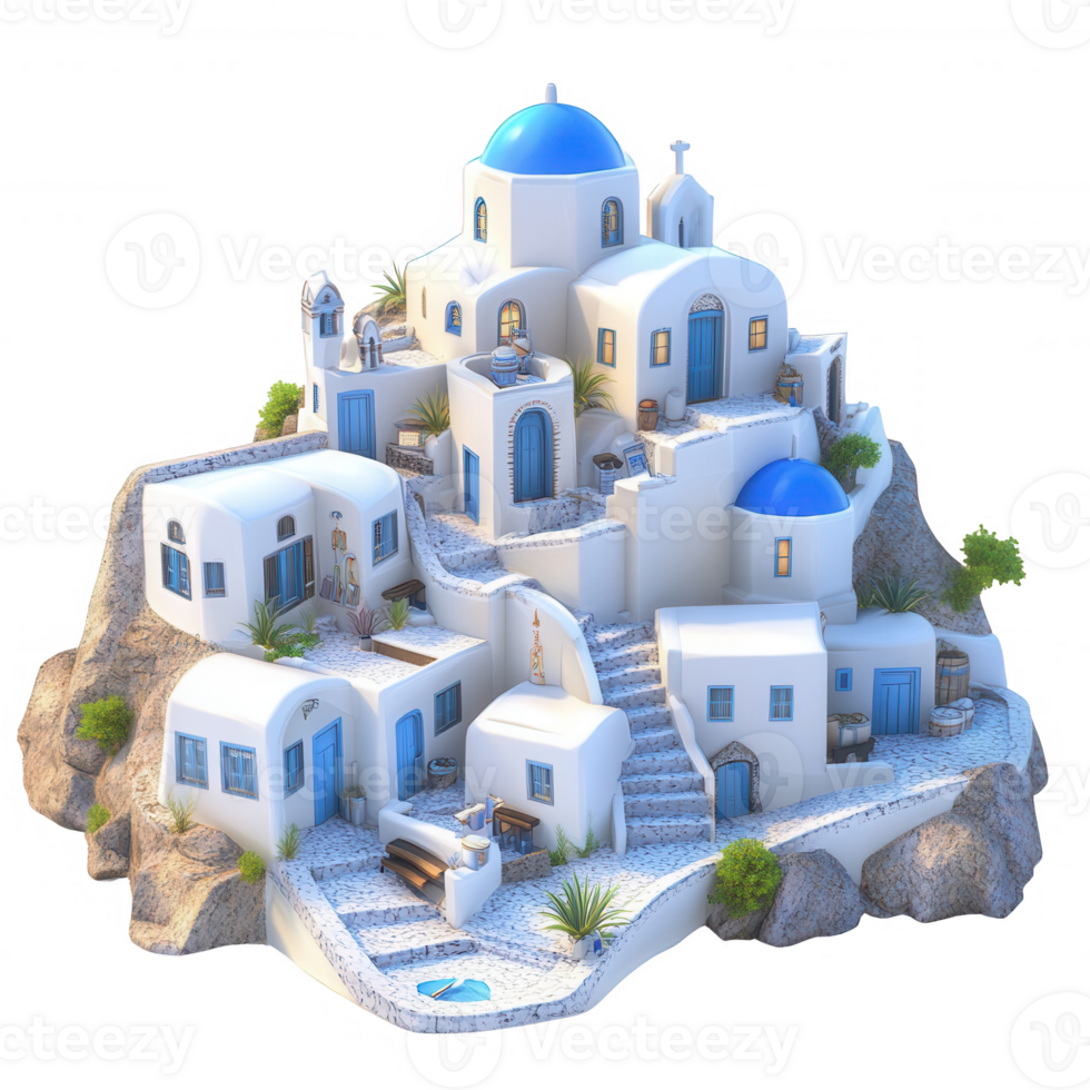 Illustration of a stunning white village with blue domes on a hillside. png