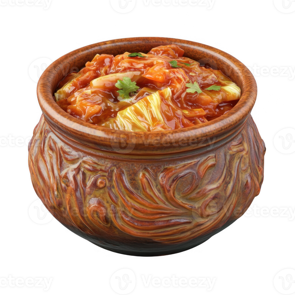 Delicious and vibrant kimchi served in a traditional clay pot. png