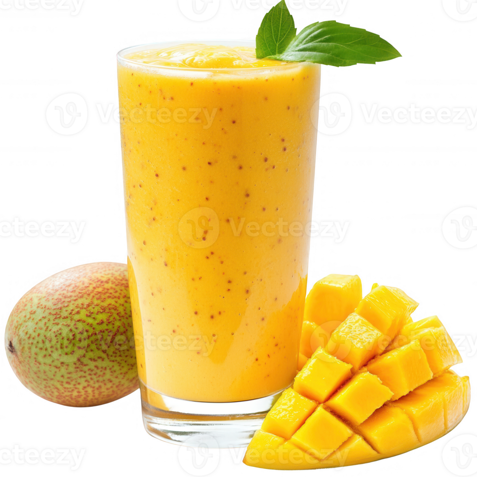 Fresh mango smoothie in a tall glass with mango chunks and a slice of mango. png