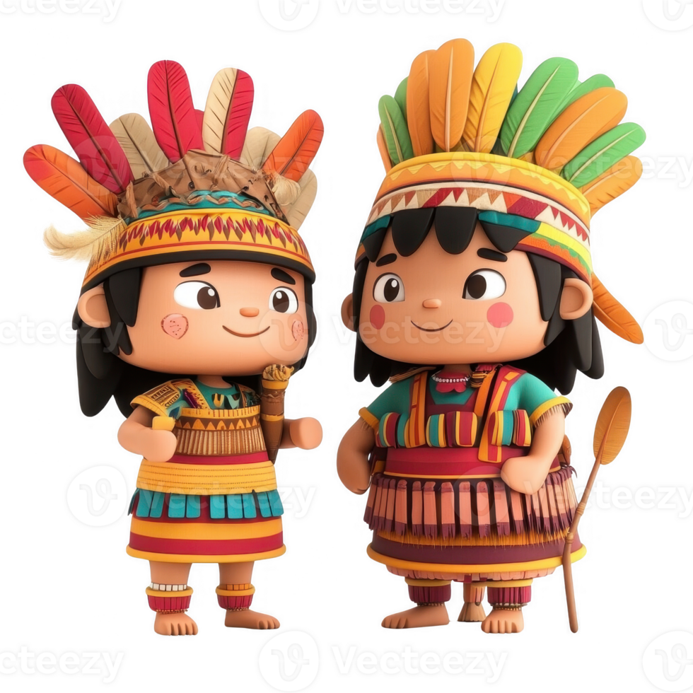 Two cheerful characters in vibrant traditional attire, representing cultural heritage. png