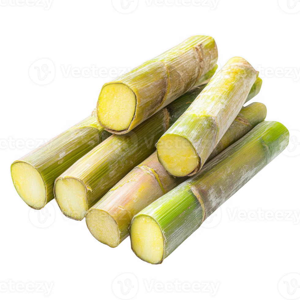 Freshly harvested sugarcane stacked for processing and culinary use. png