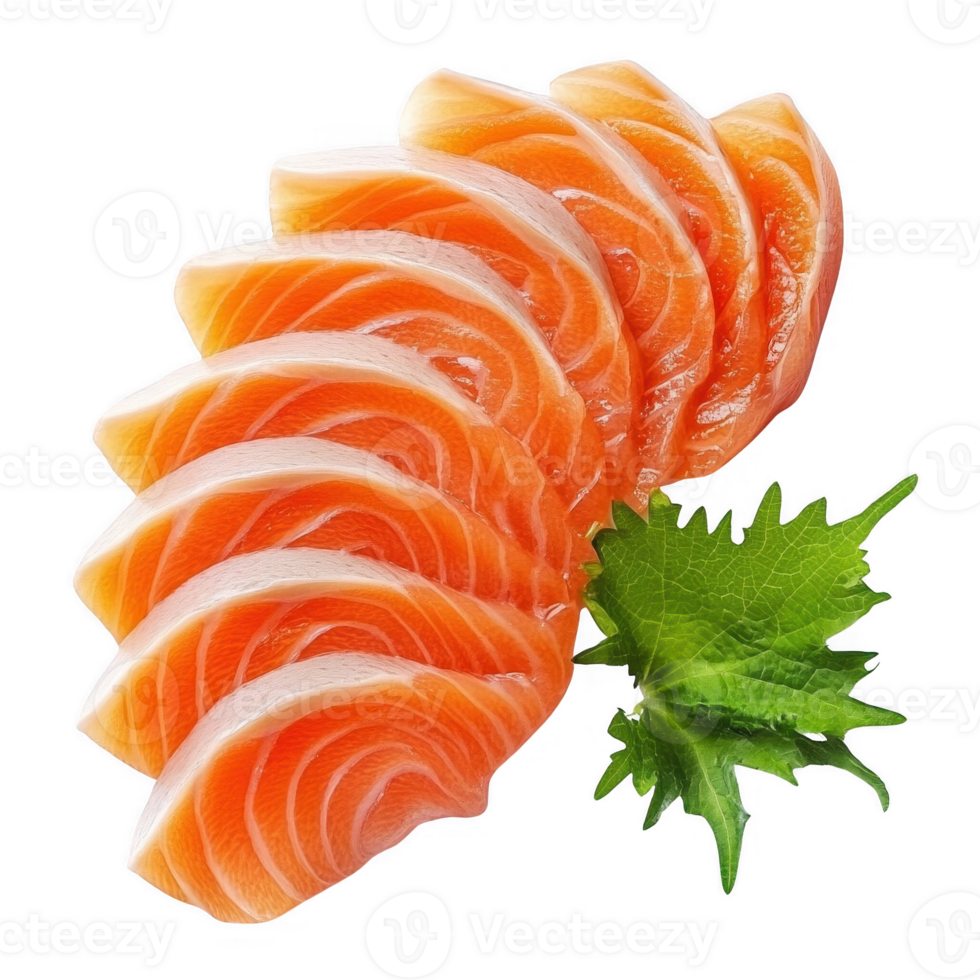 Freshly sliced salmon served with a garnish of green shiso leaf. png