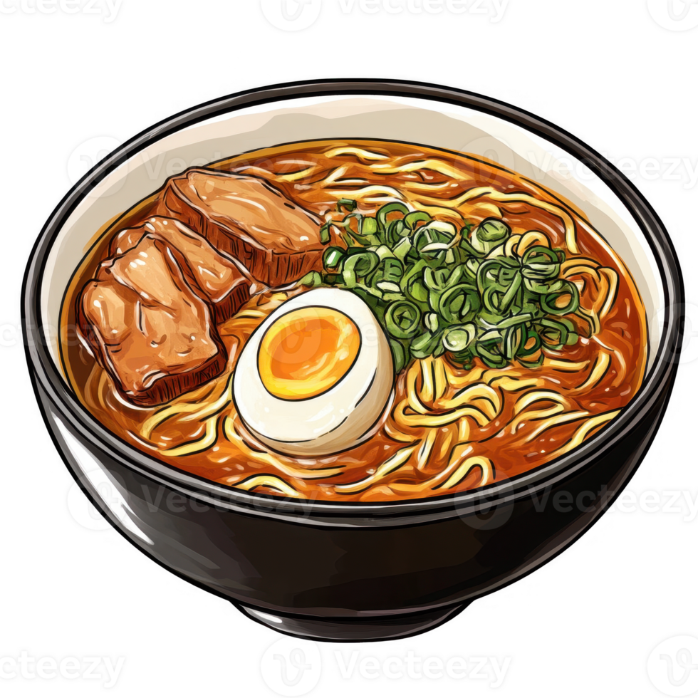 Delicious ramen bowl with tender meat, egg, and fresh green onions. png