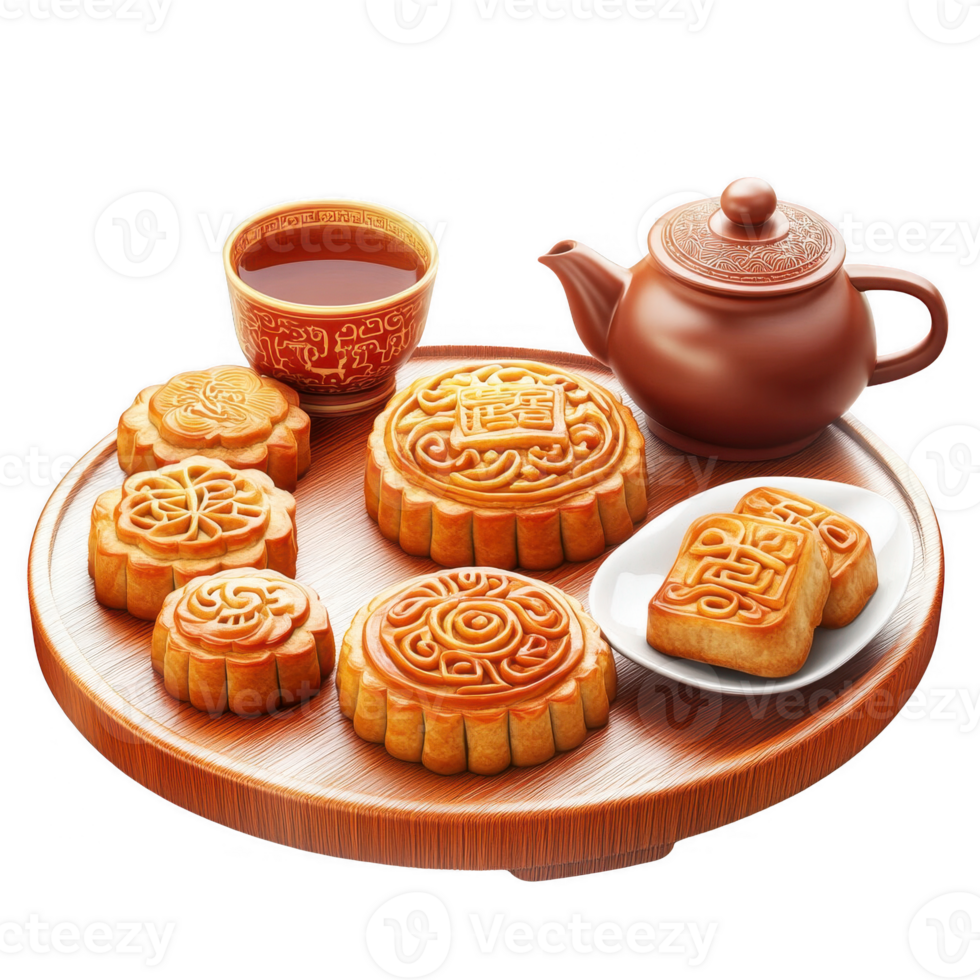 Delicious mooncakes served on a wooden tray with tea for a festive celebration. png