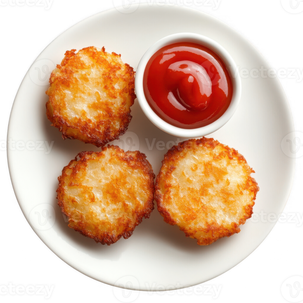 Golden fried potato croquettes served with ketchup on a round plate. png