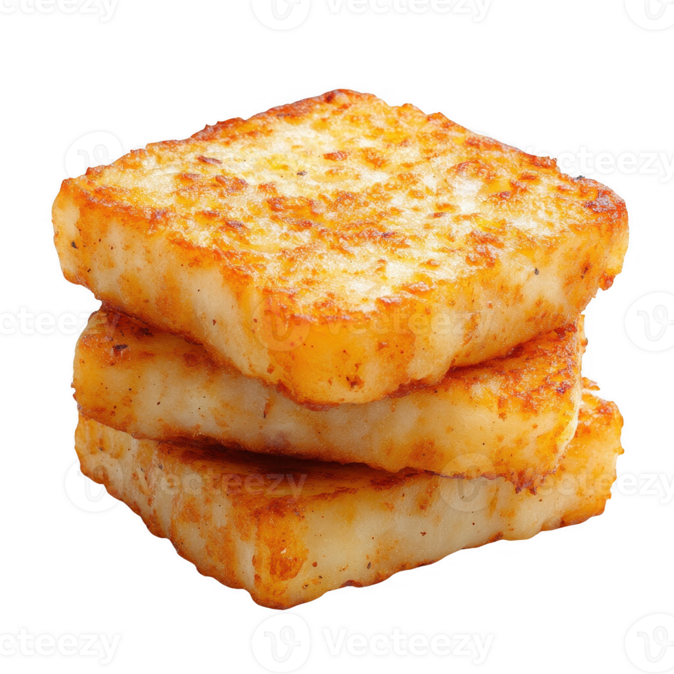 Golden, crispy potato cakes stacked neatly, perfect for delicious meals and snacks. png