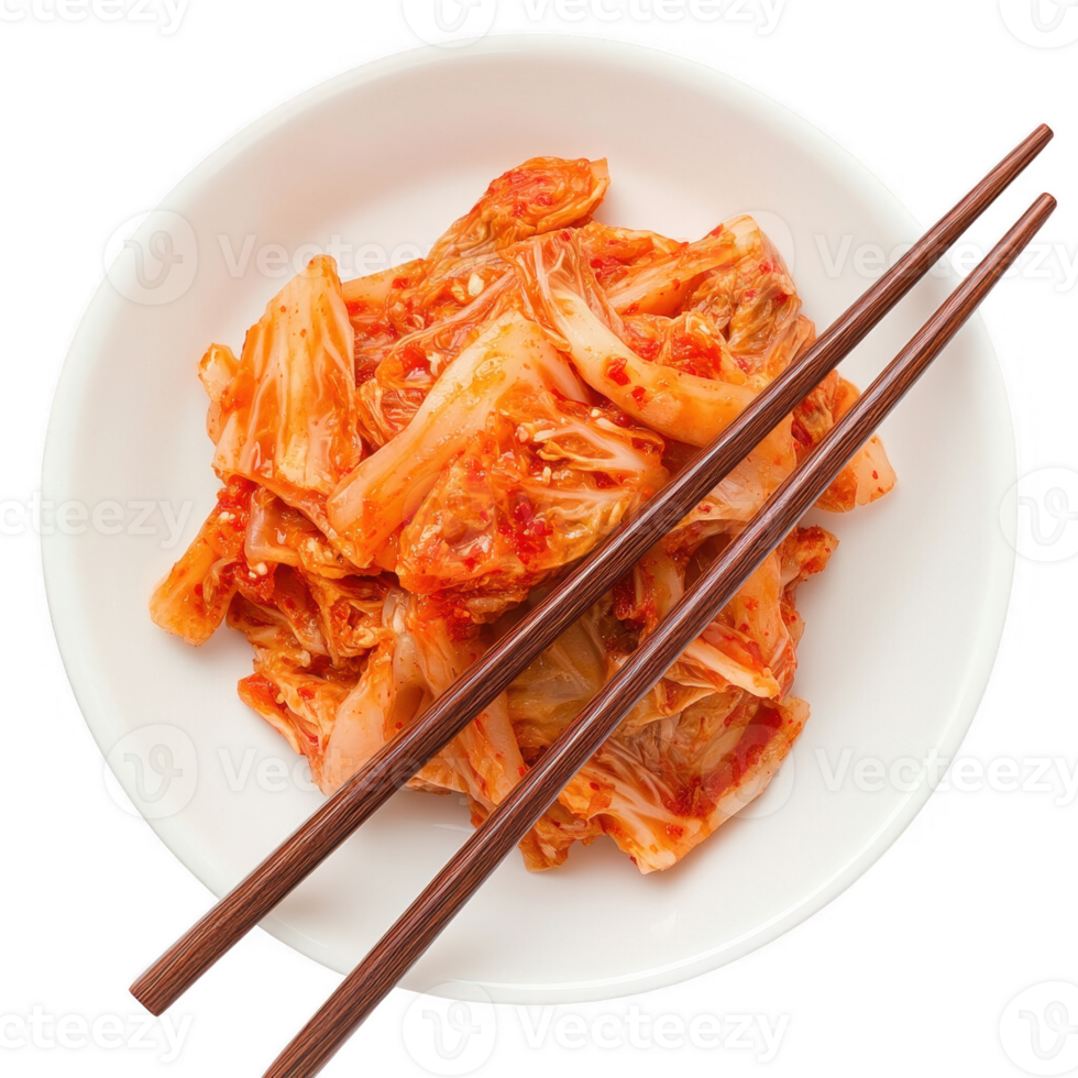 Delicious kimchi served in a white bowl with chopsticks ready for enjoyment. png