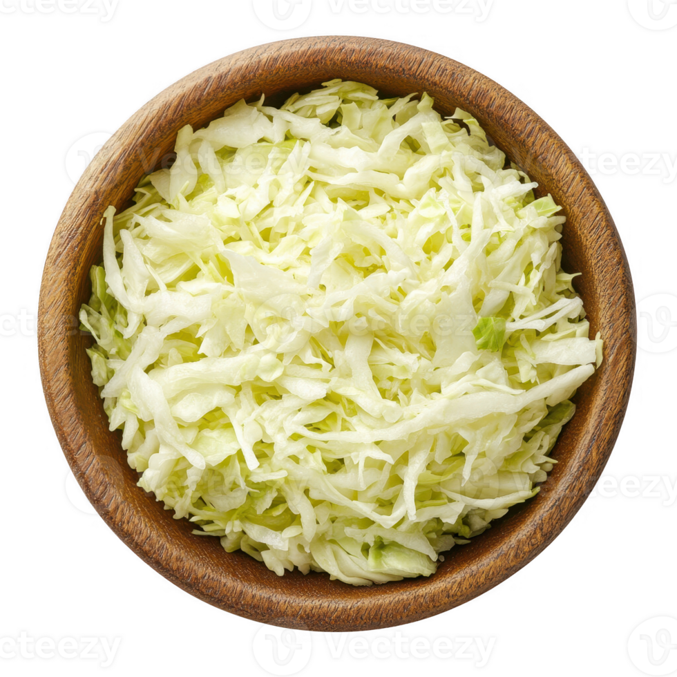 Freshly shredded cabbage in a wooden bowl, perfect for salads and recipes. png