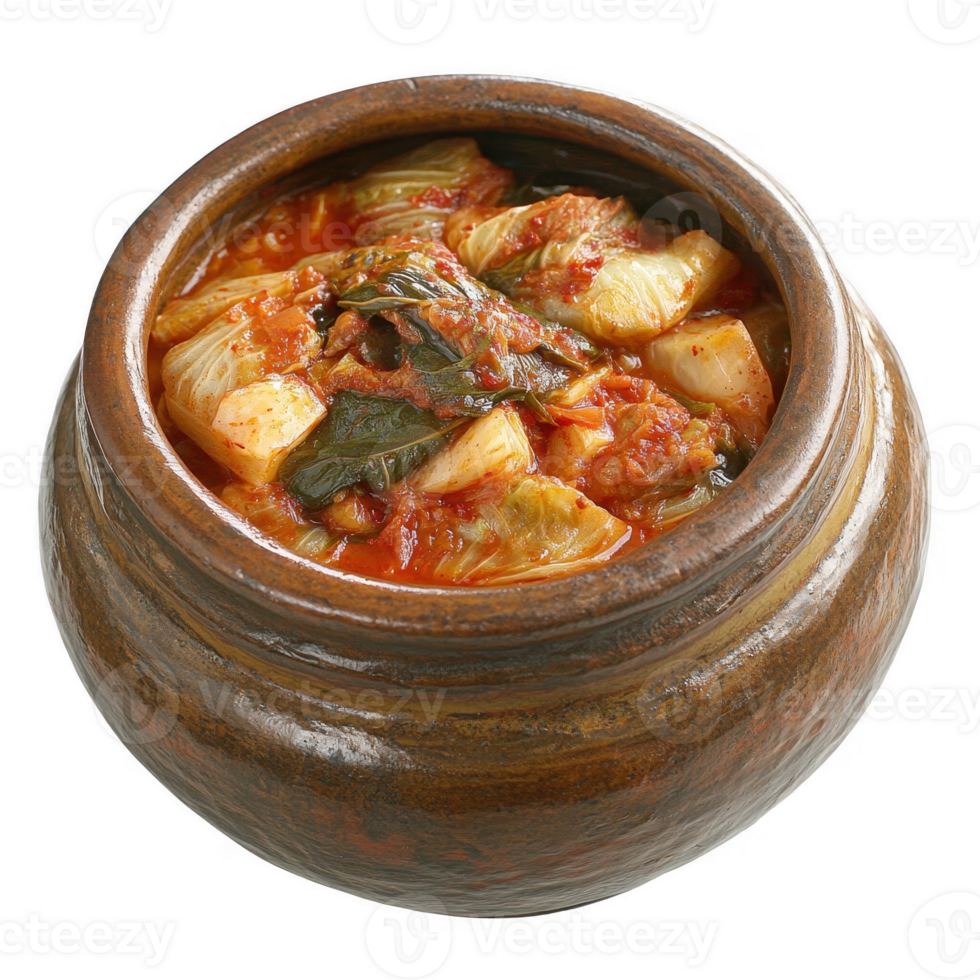 Delicious fermented vegetable dish in a traditional clay pot, rich in flavor and culture. png