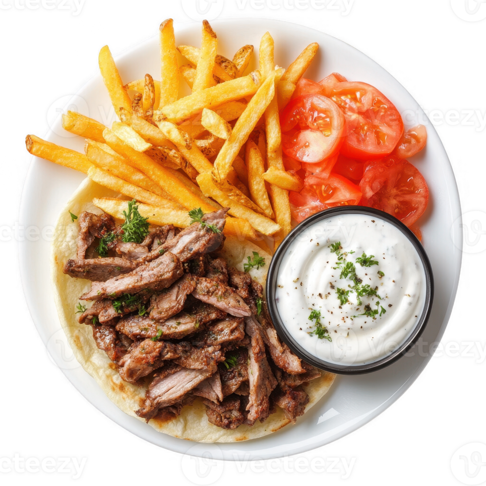 Delicious plate of seasoned meat with fries, fresh tomatoes, and creamy sauce. png