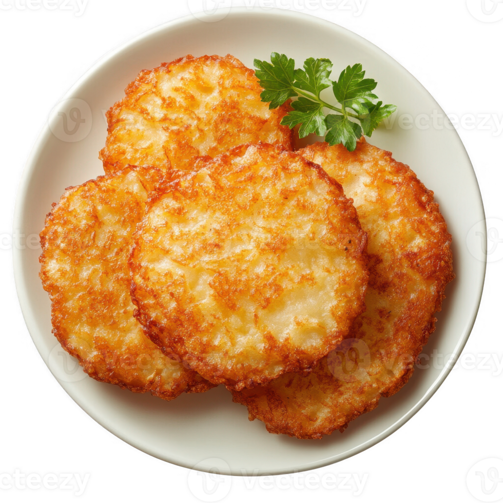 Delicious golden brown potato pancakes garnished with fresh parsley on a plate. png