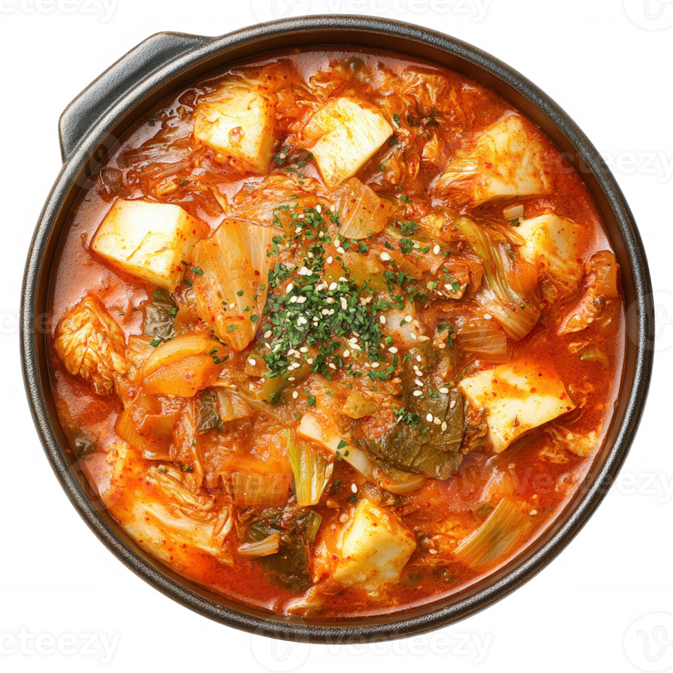 Delicious kimchi stew with tofu, vegetables, and rich spices in a bowl. png