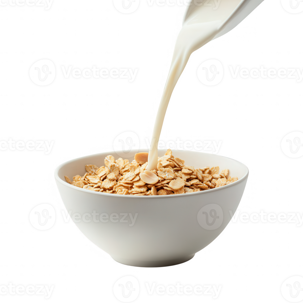 Milk being poured into a bowl of oats, creating a delicious breakfast scene. png