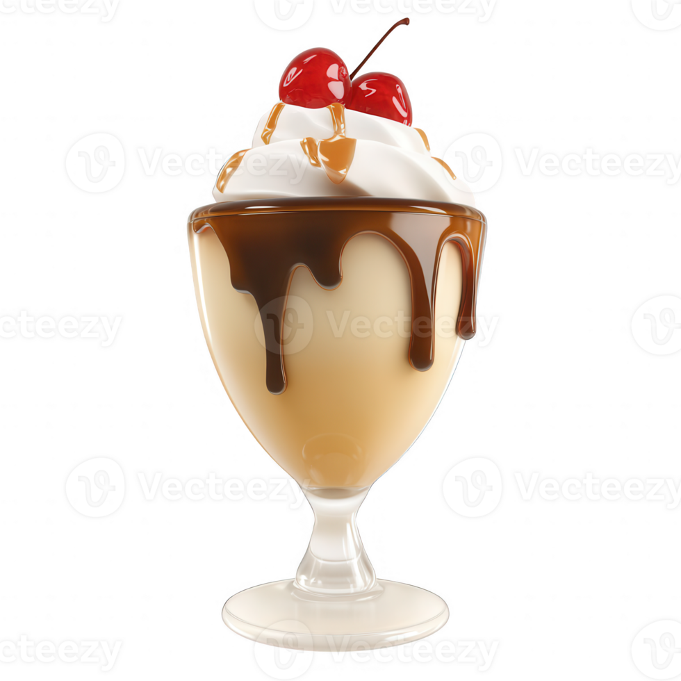 Delicious ice cream sundae topped with sauce, cherries, and whipped cream. png