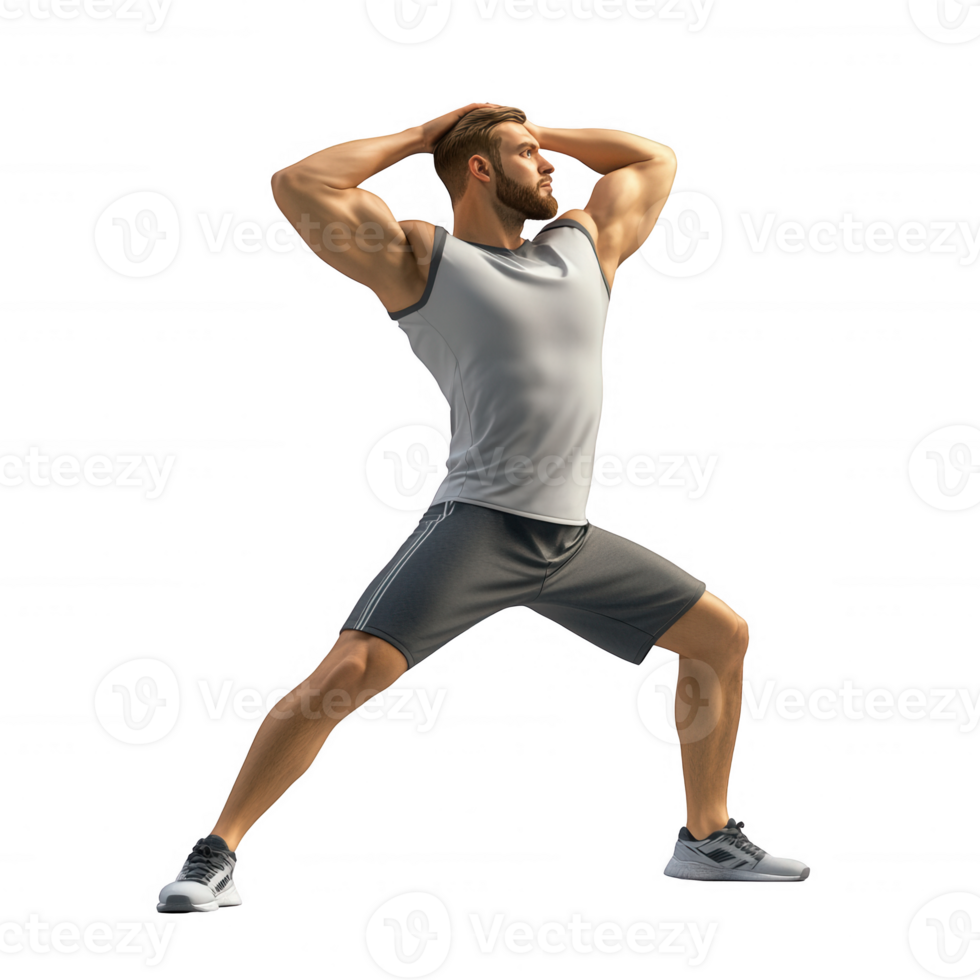 Strong athlete performing a dynamic stretching exercise for improved flexibility. png