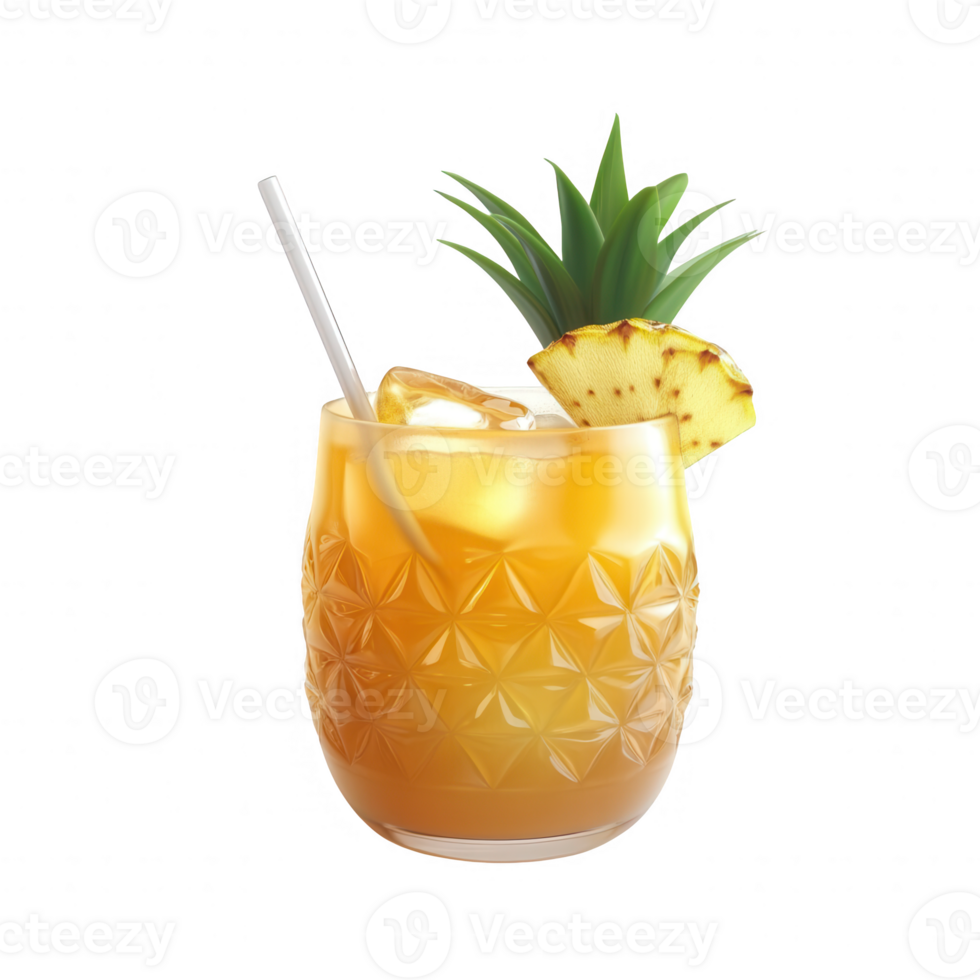 Refreshing tropical drink adorned with a pineapple slice and straw. png