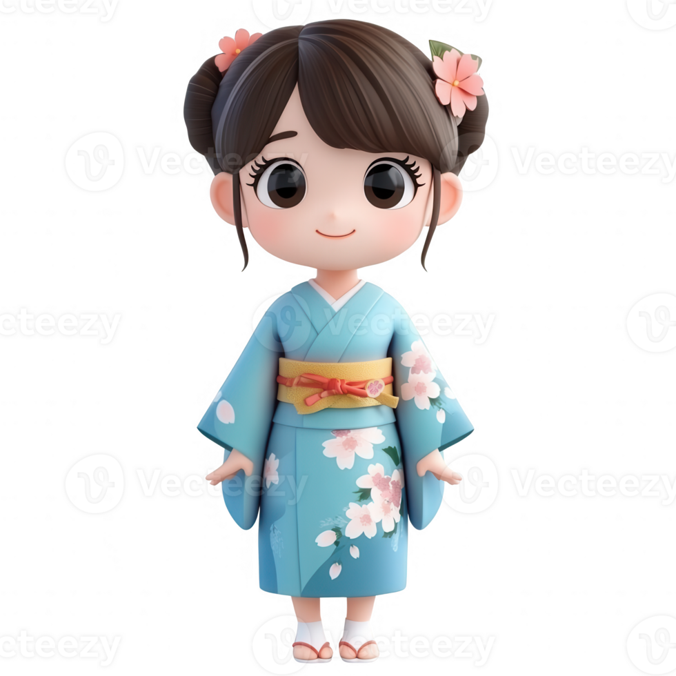 Cute cartoon girl in a traditional kimono, celebrating Japanese culture and heritage. png
