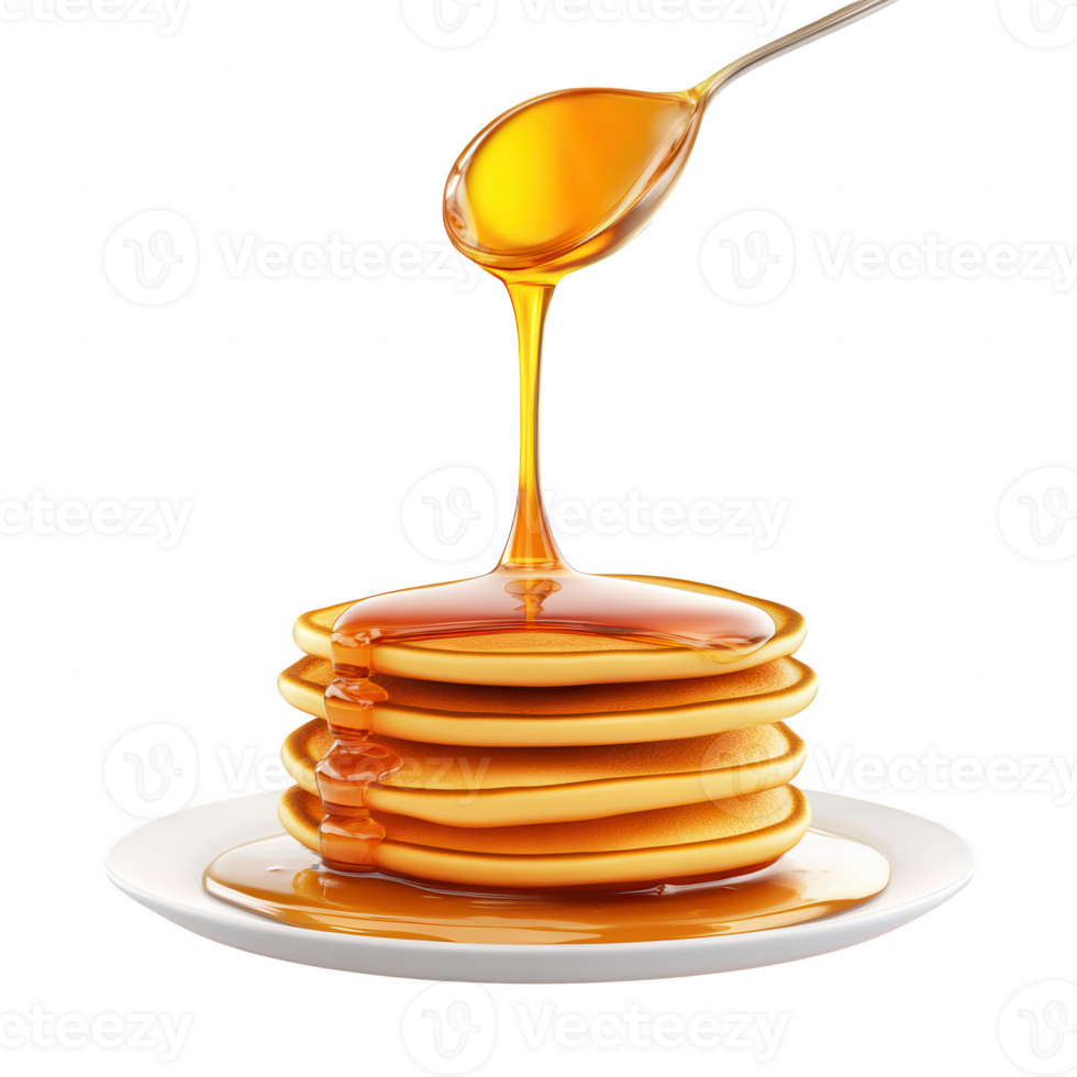Delicious pancakes stacked high with golden syrup dripping on top. png