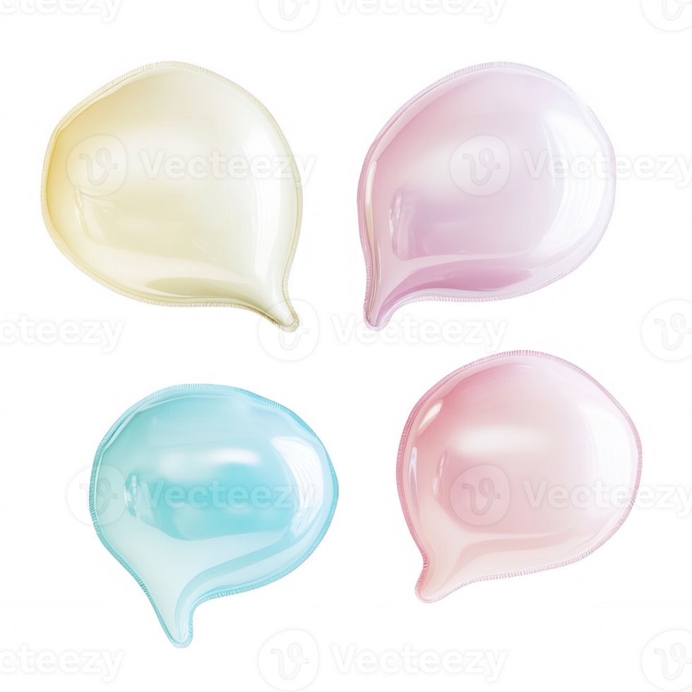 Four colorful, glossy liquid droplets with a pearlescent finish, showcasing beauty. png