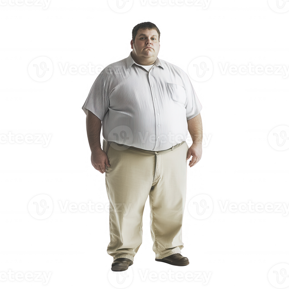 Portrait of a plus-sized man standing confidently in a simple attire. png