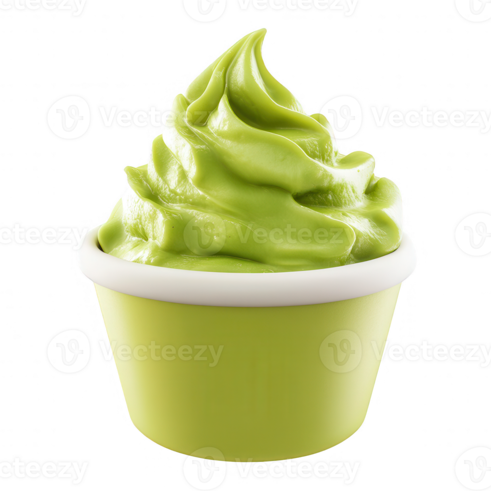 Delicious green matcha soft serve ice cream in a cup, perfect for desserts. png