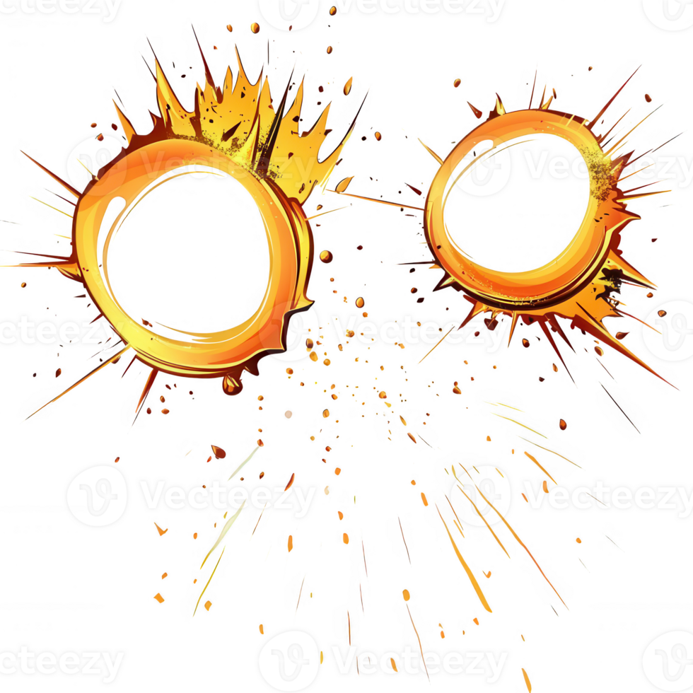 Dynamic explosion graphic with vibrant orange splashes and circular effects. png