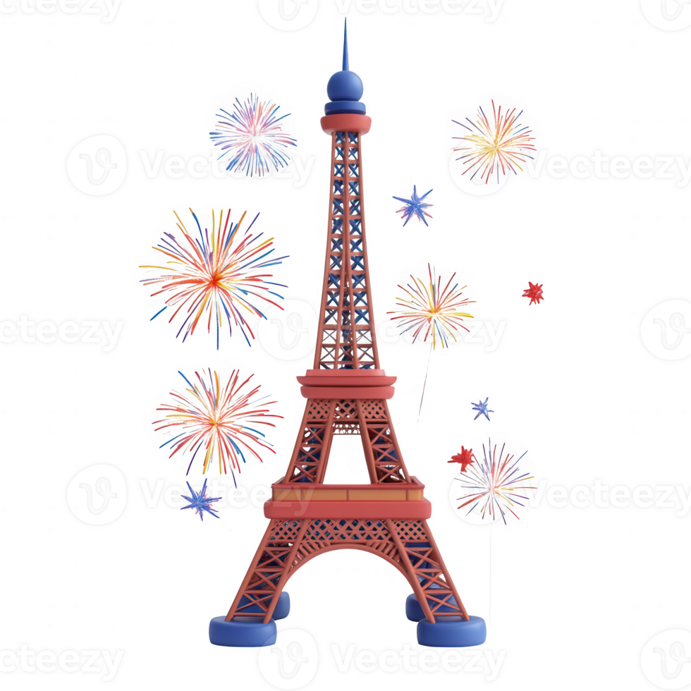 Illustration of the Eiffel Tower surrounded by colorful fireworks at night. png