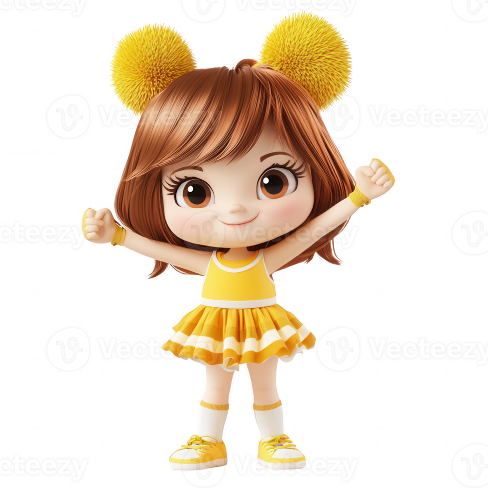 Cute cheerful character in bright yellow cheerleading outfit, perfect for children's themes. png