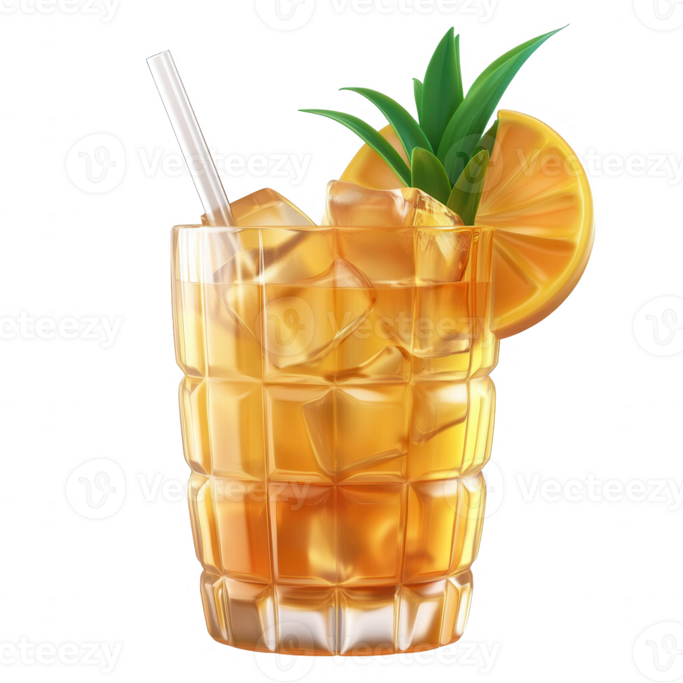 Refreshing cocktail with ice, pineapple, and orange garnishes in a glass. png