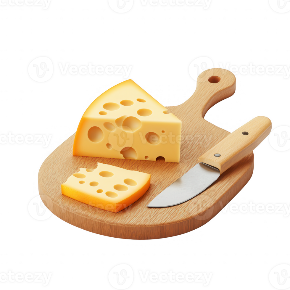 Fresh cheese slice on a wooden cutting board with a knife for culinary presentations. png