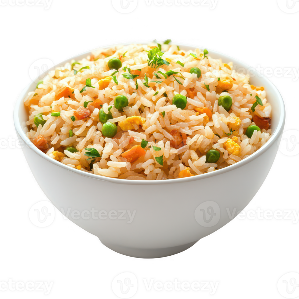 Delicious bowl of fried rice with peas and carrots, perfect for a tasty meal. png