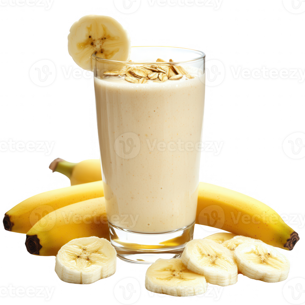 Delicious banana smoothie with oats, fresh bananas, and creamy texture in a glass. png