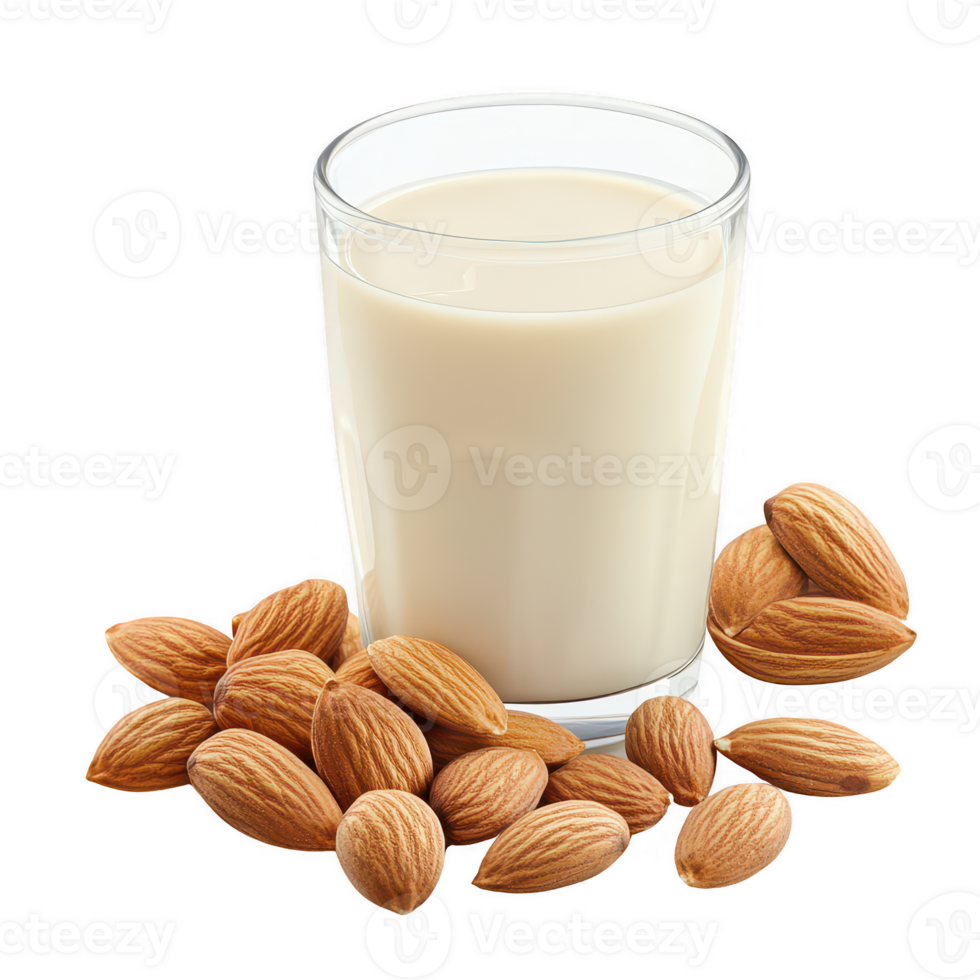 Glass of creamy almond milk surrounded by fresh almonds on a white background. png