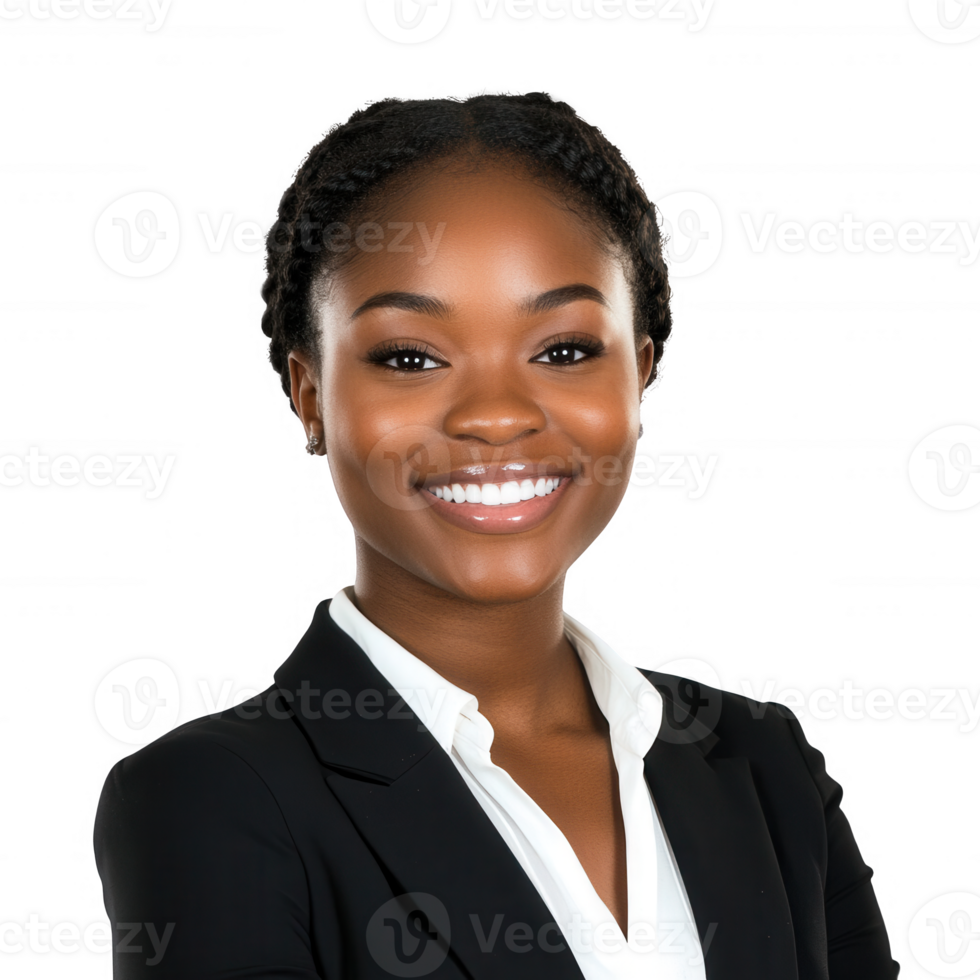 Confident professional woman smiling in a business suit, ready for a new opportunity. png