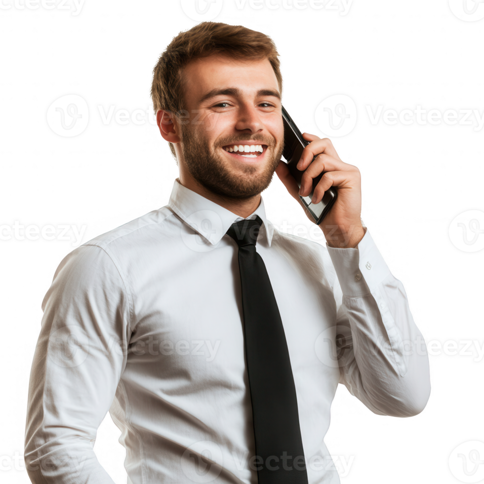 Confident businessman smiling while talking on a mobile phone, showcasing professionalism. png