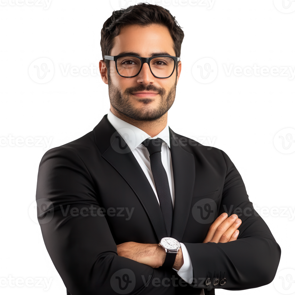 Confident businessman dressed in formal suit with arms crossed and a professional smile. png