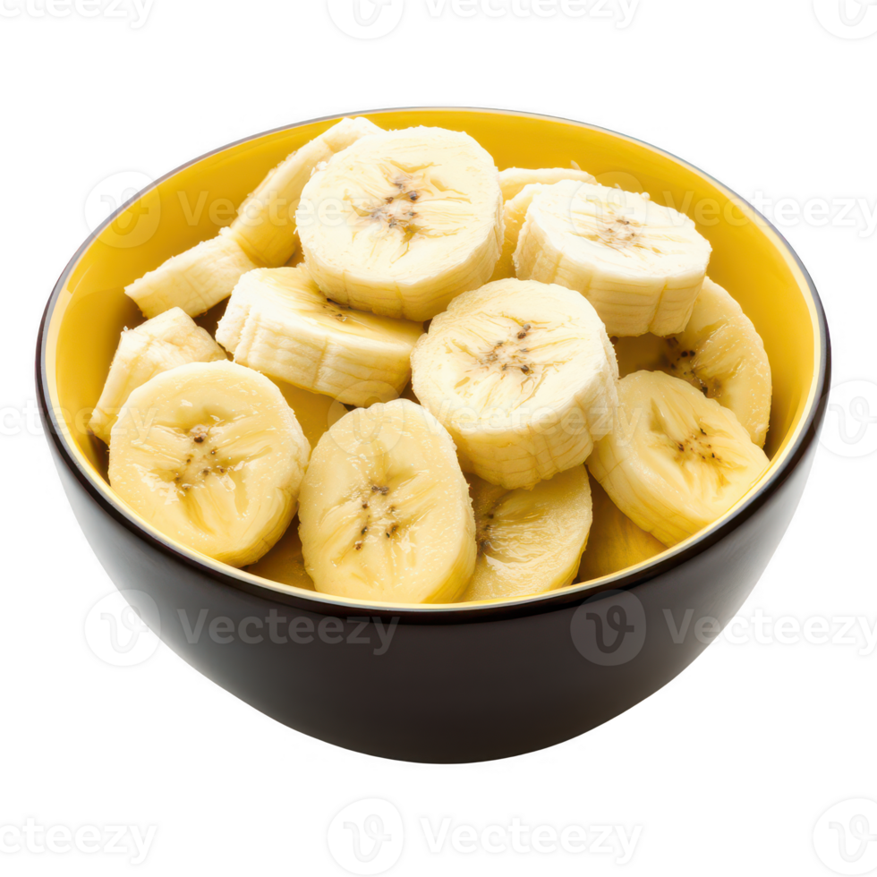 Freshly sliced bananas in a yellow bowl ready for a healthy snack or dessert. png