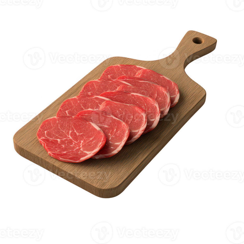 Freshly sliced beef on a wooden cutting board ready for cooking or serving. png