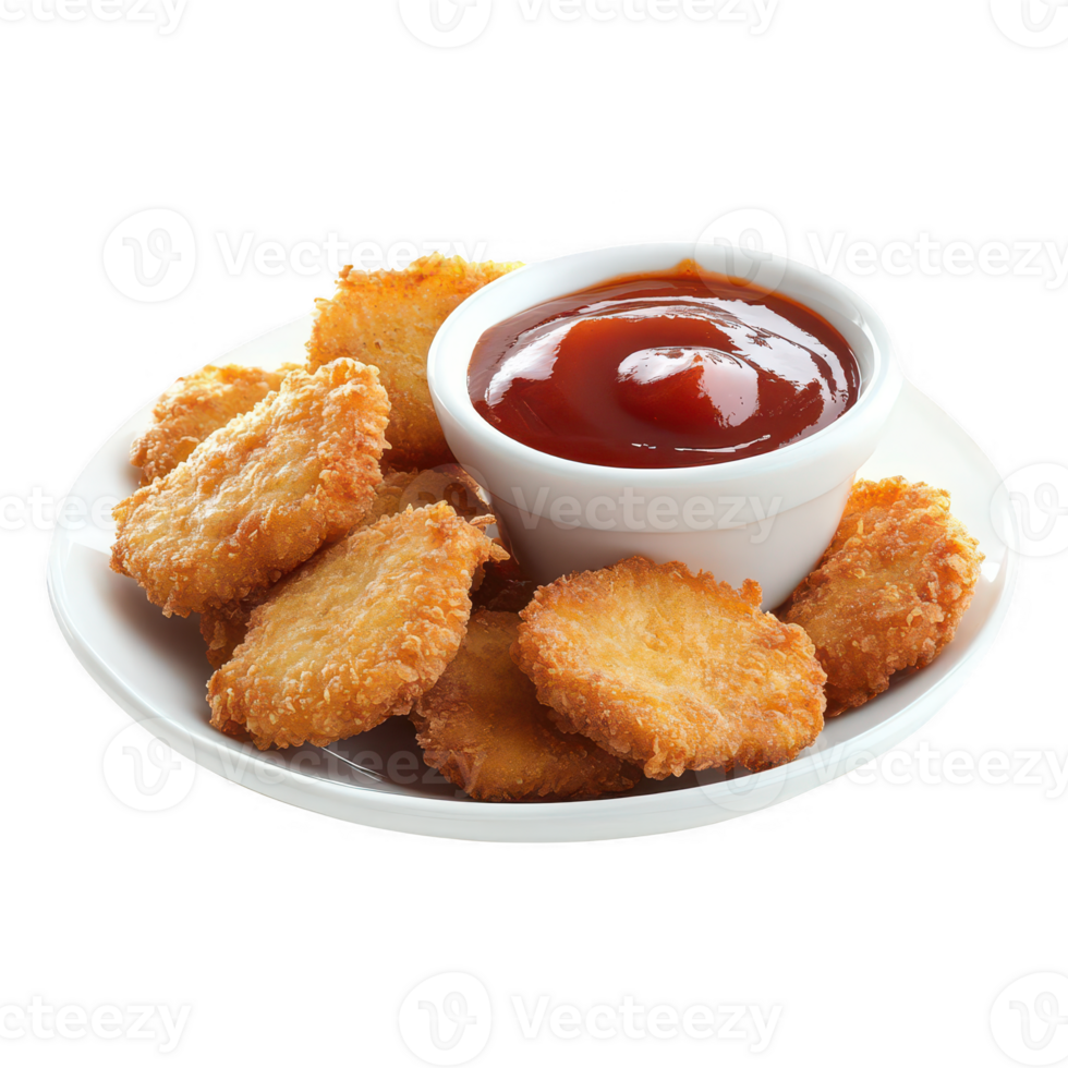 Crispy chicken nuggets served with a side of delicious ketchup for dipping. png