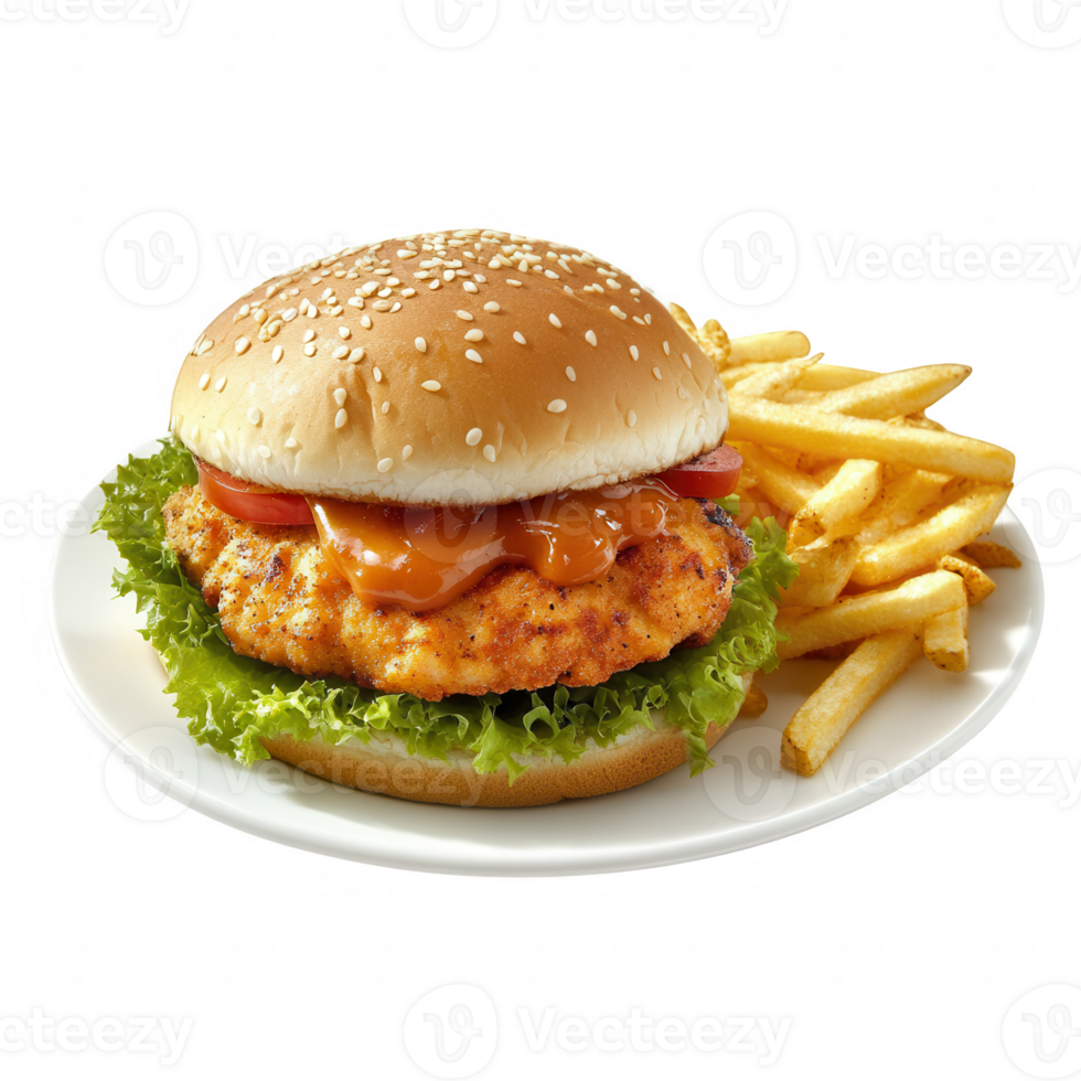 Delicious chicken burger served with crispy fries on a white plate. png