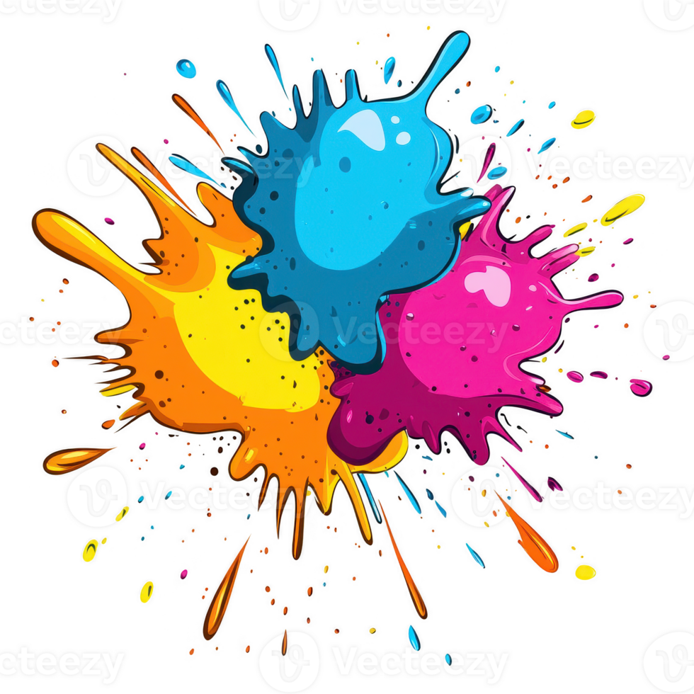 Vibrant paint splashes in various colors creating a lively artistic effect. png