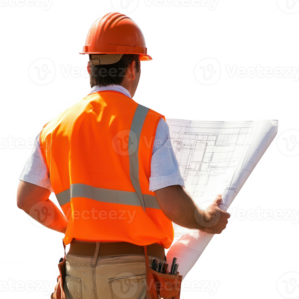 Construction worker reviewing blueprints on a job site, wearing safety gear. png