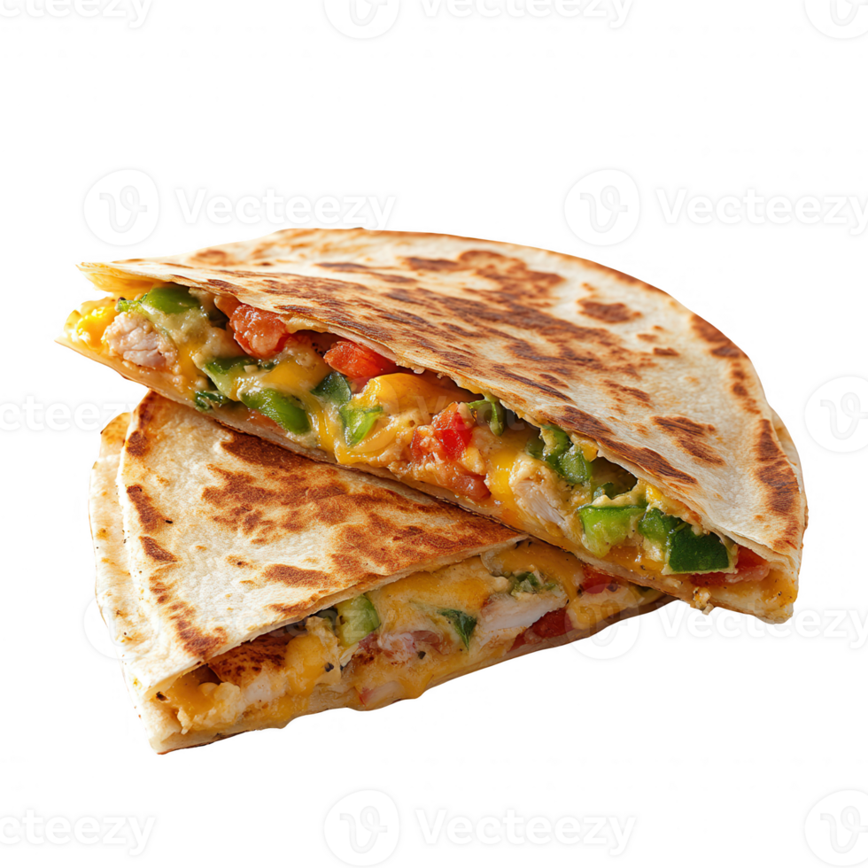 Delicious quesadilla filled with chicken, cheese, and fresh vegetables, perfectly grilled. png