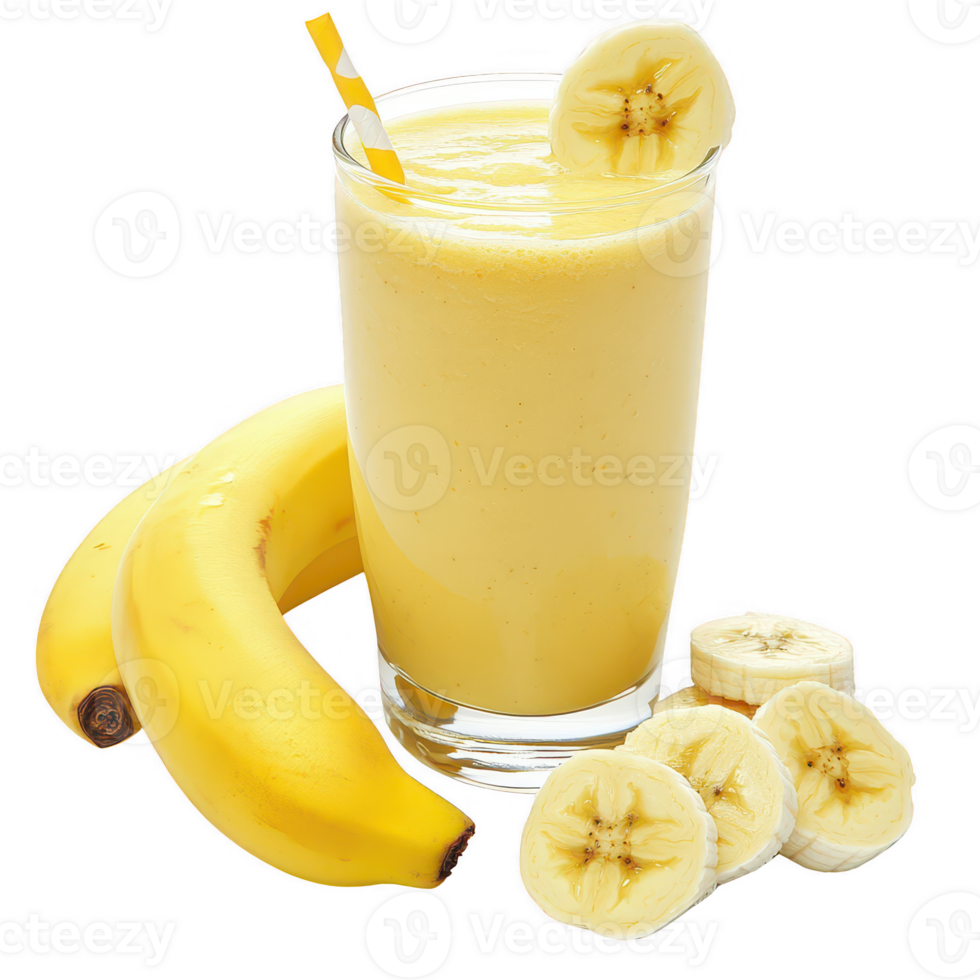Refreshing banana smoothie in a glass with fresh bananas, perfect for a healthy treat. png