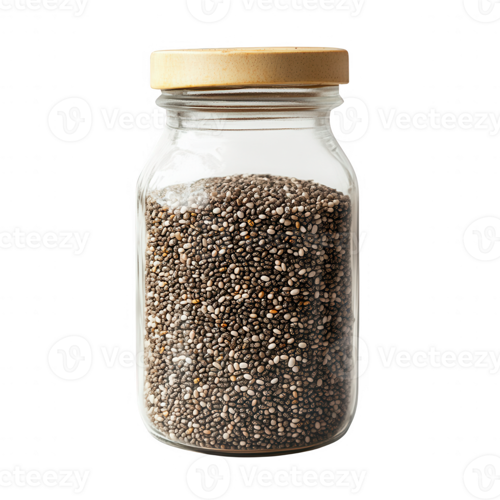 Glass jar filled with nutritious chia seeds, perfect for health-conscious recipes. png
