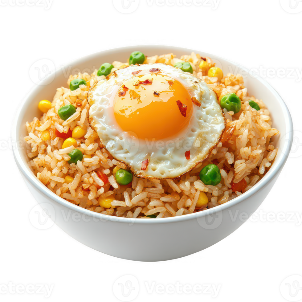 Delicious fried rice topped with a sunny-side-up egg and colorful vegetables. png