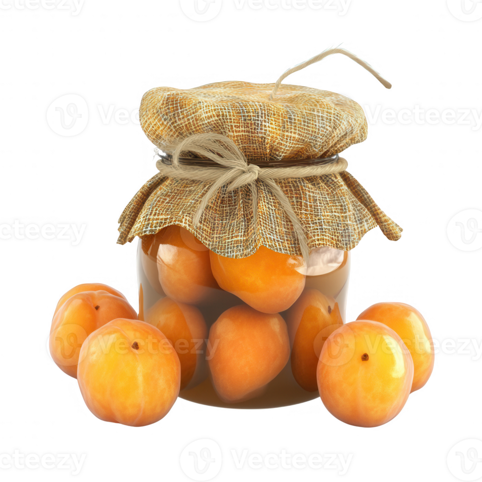 Jar of preserved apricots with fresh fruits surrounding it, perfect for food styling. png