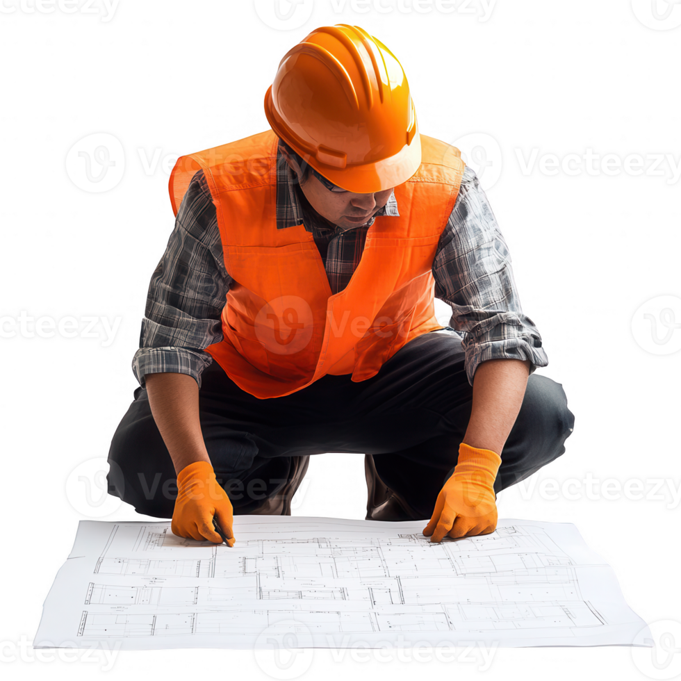 Construction worker reviewing blueprints at a building site for a new project. png