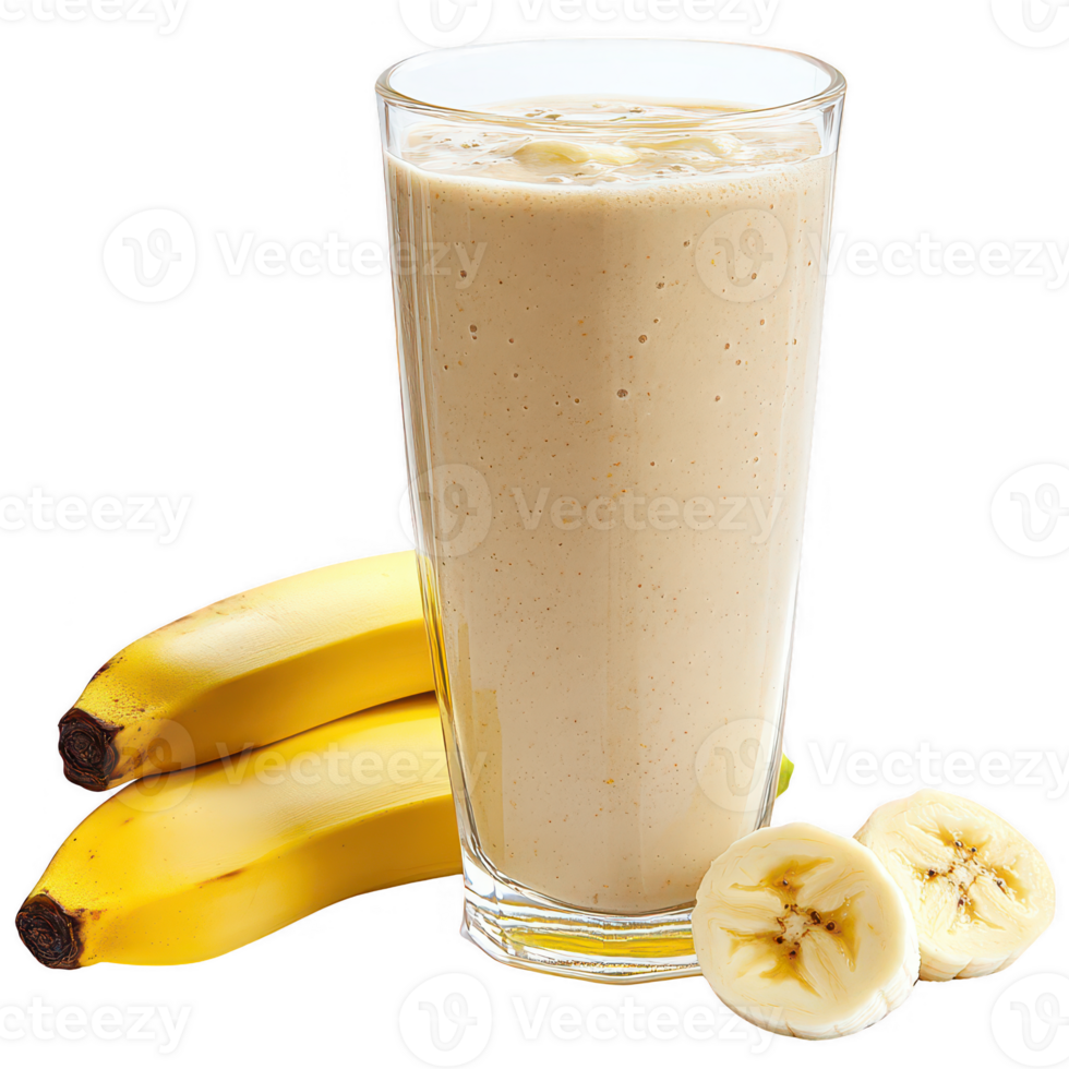 Refreshing banana smoothie served in a tall glass with fresh bananas on the side. png